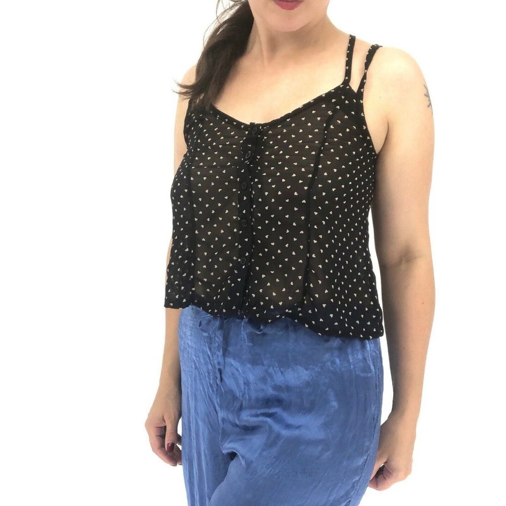 Brandy Melville Cami Top Crossed Back Black Heart Print Italy OS